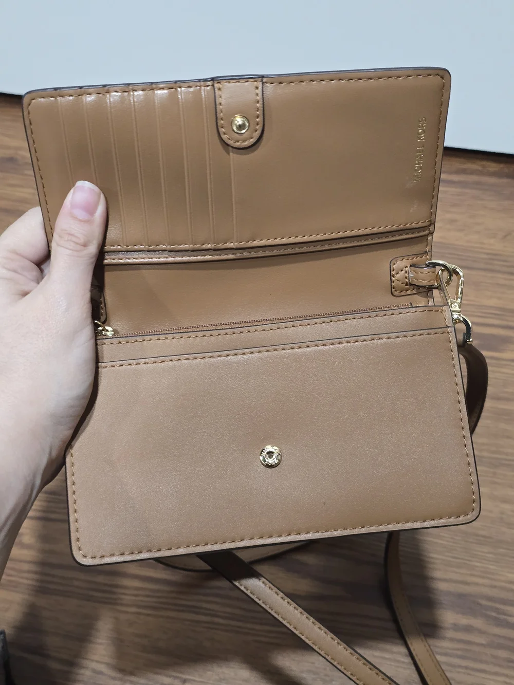 Michael Kors Brown and Tan Signature Logo Crossbody Wallet